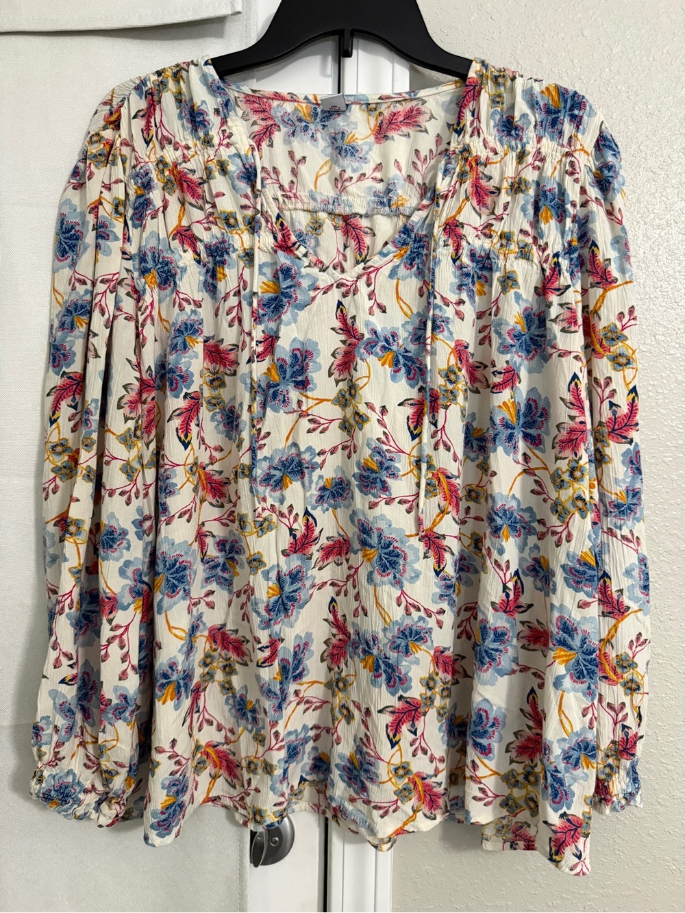 Old Navy Cream Floral Peasant Blouse with Blue and Pink Flowers